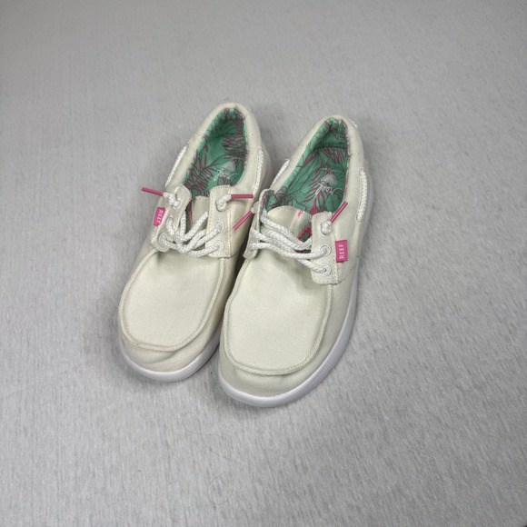 Reef Women's Casual Boat Shoes Cream Canvas Tropical Lining Lace Up Size 7 - Picture 2 of 8